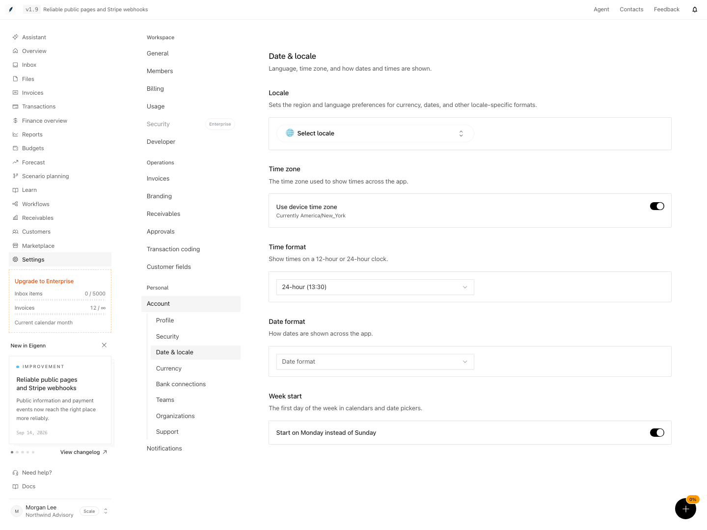 Account date and locale preferences for time zone, date format, and calendar settings.