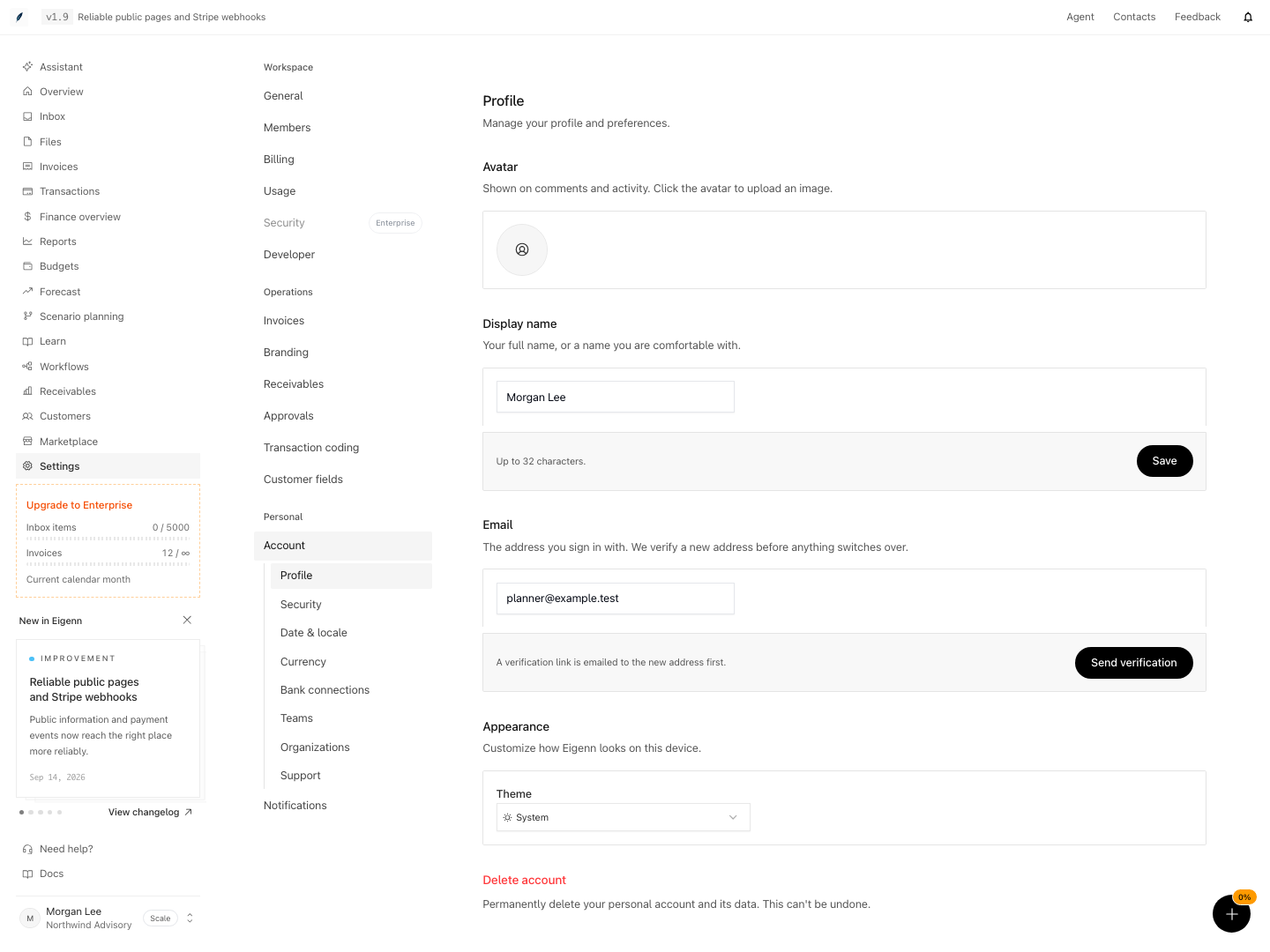Profile settings for display name, email verification, and appearance.