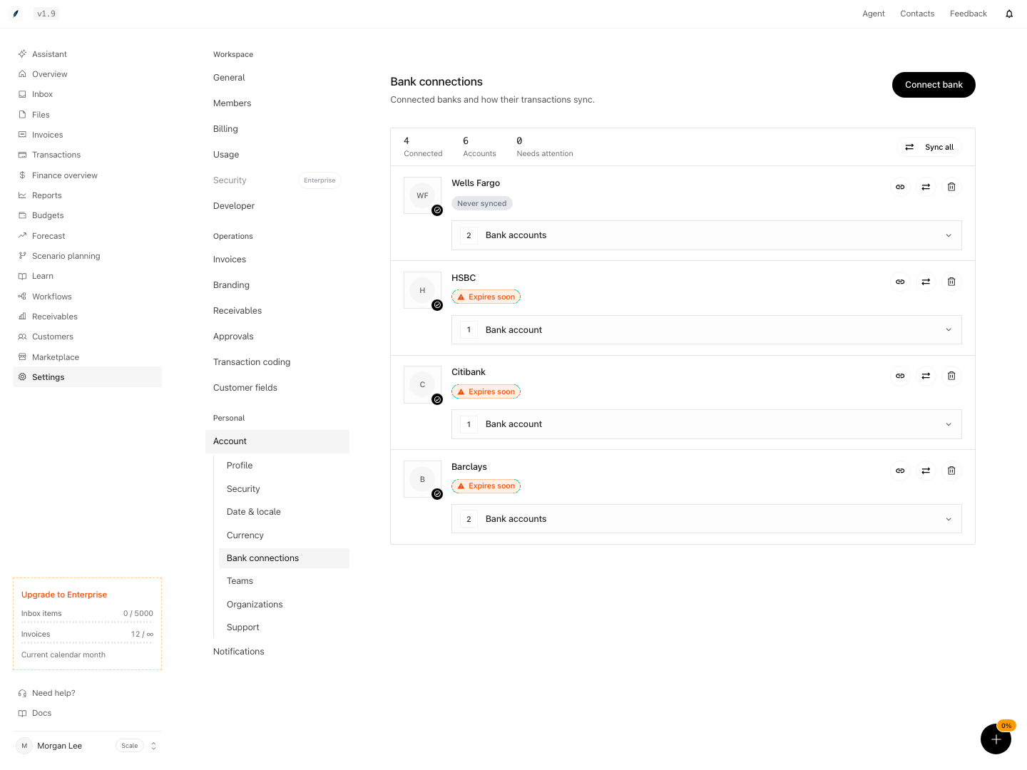 Bank connections settings showing a connected institution and its accounts.