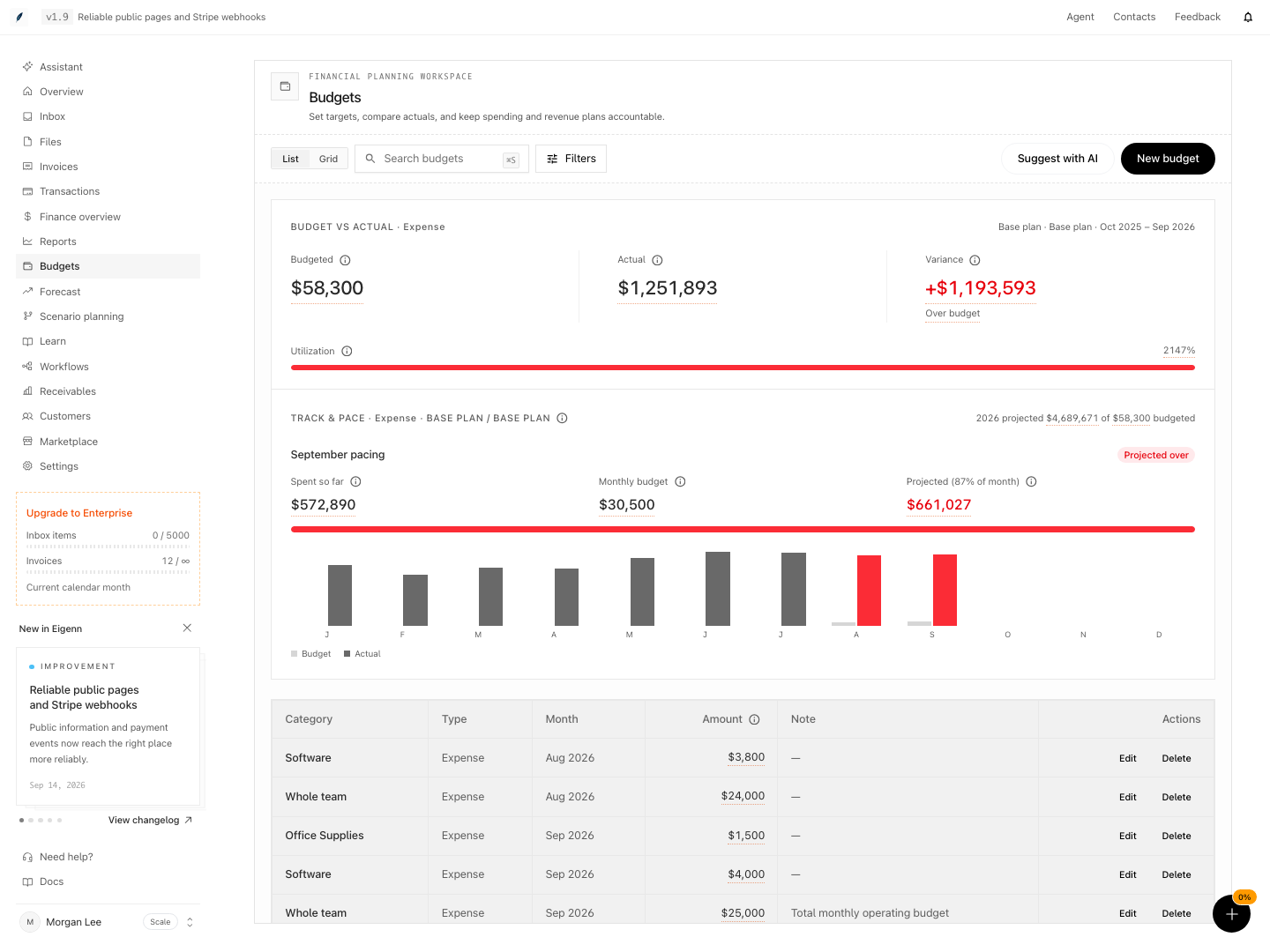 Budget targets, actual spending, variance, pacing, and category rows.