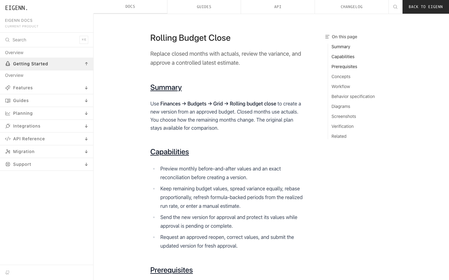 A docs page opened while signed in, with Back to Eigenn in the docs navigation.