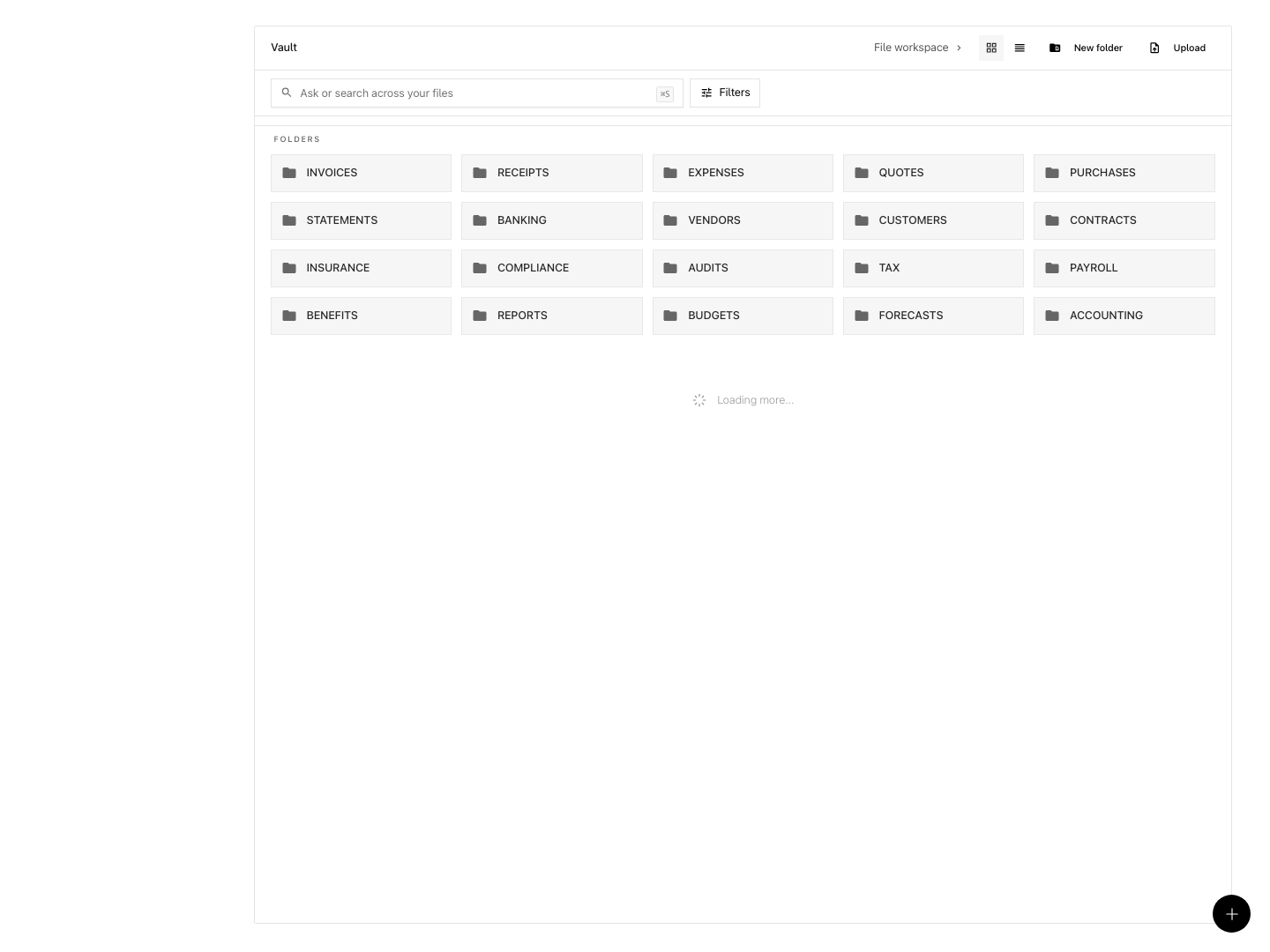 Document vault showing the synthetic workspace folder structure.