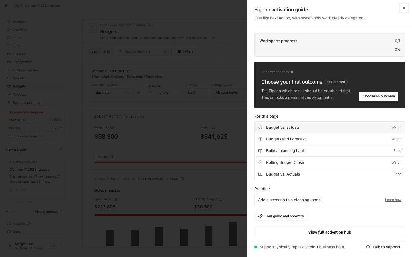 The guide on Budgets with a Practice section listing one open task and a Learn how link.