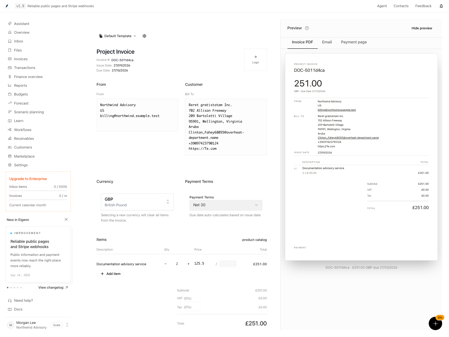 Full-page invoice editor with a selected customer, two advisory-service units at £125.50 each, and a matching £251.00 PDF preview