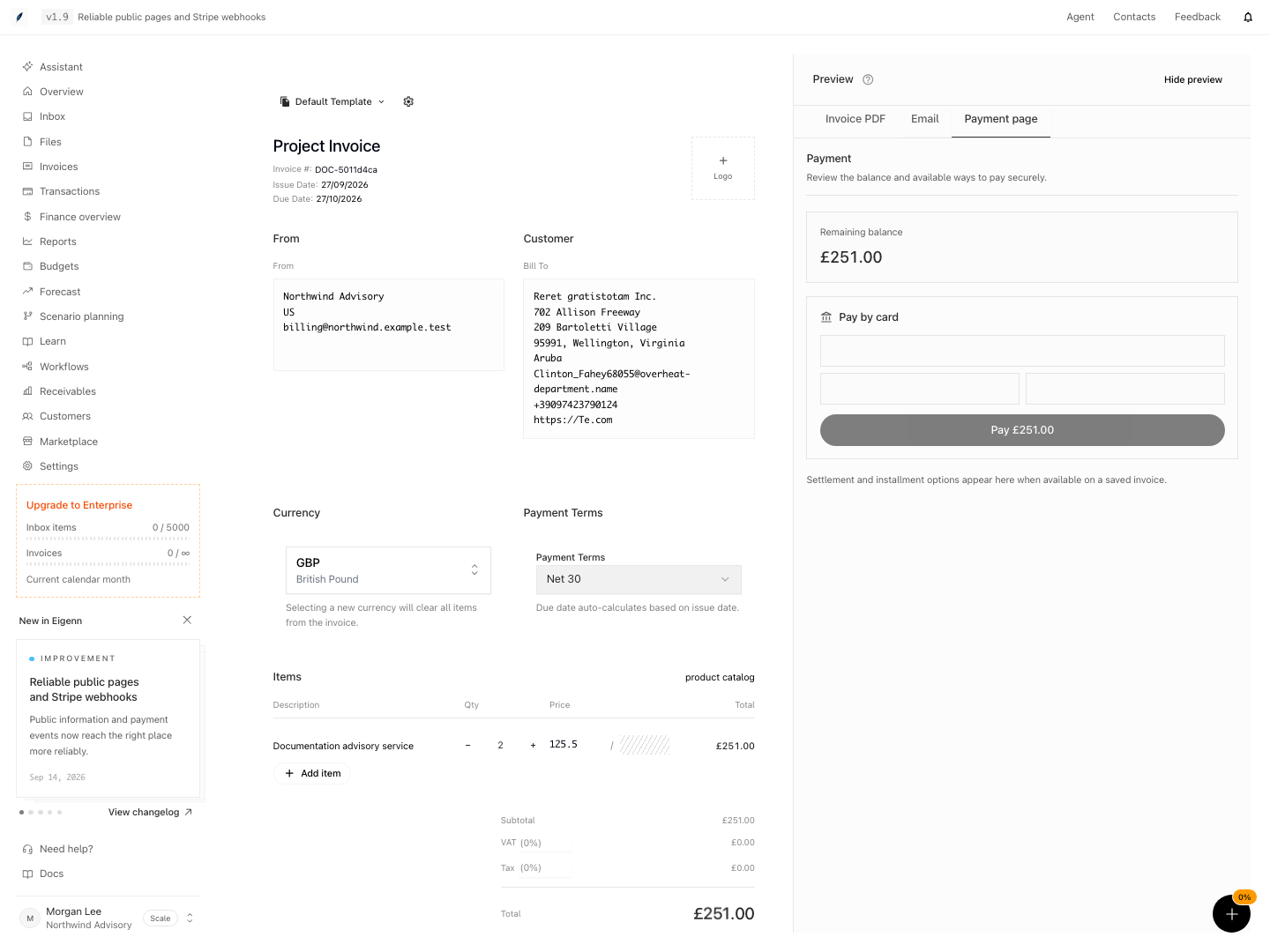 Payment-page preview showing a £251.00 remaining balance and disabled card fields and Pay button