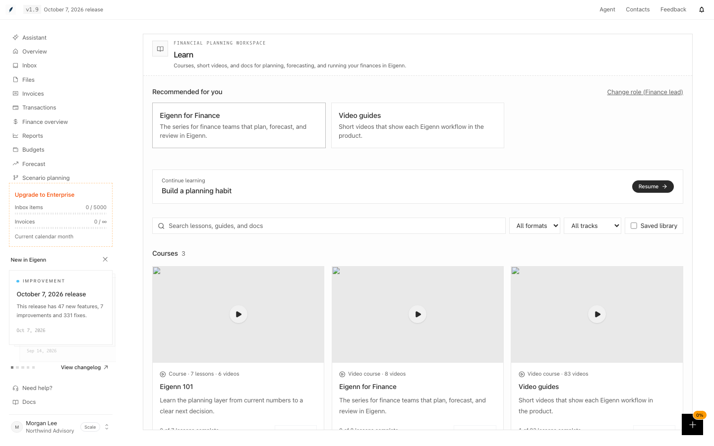 Recommended for you on Learn after choosing Finance lead, showing Eigenn for Finance and Video guides.