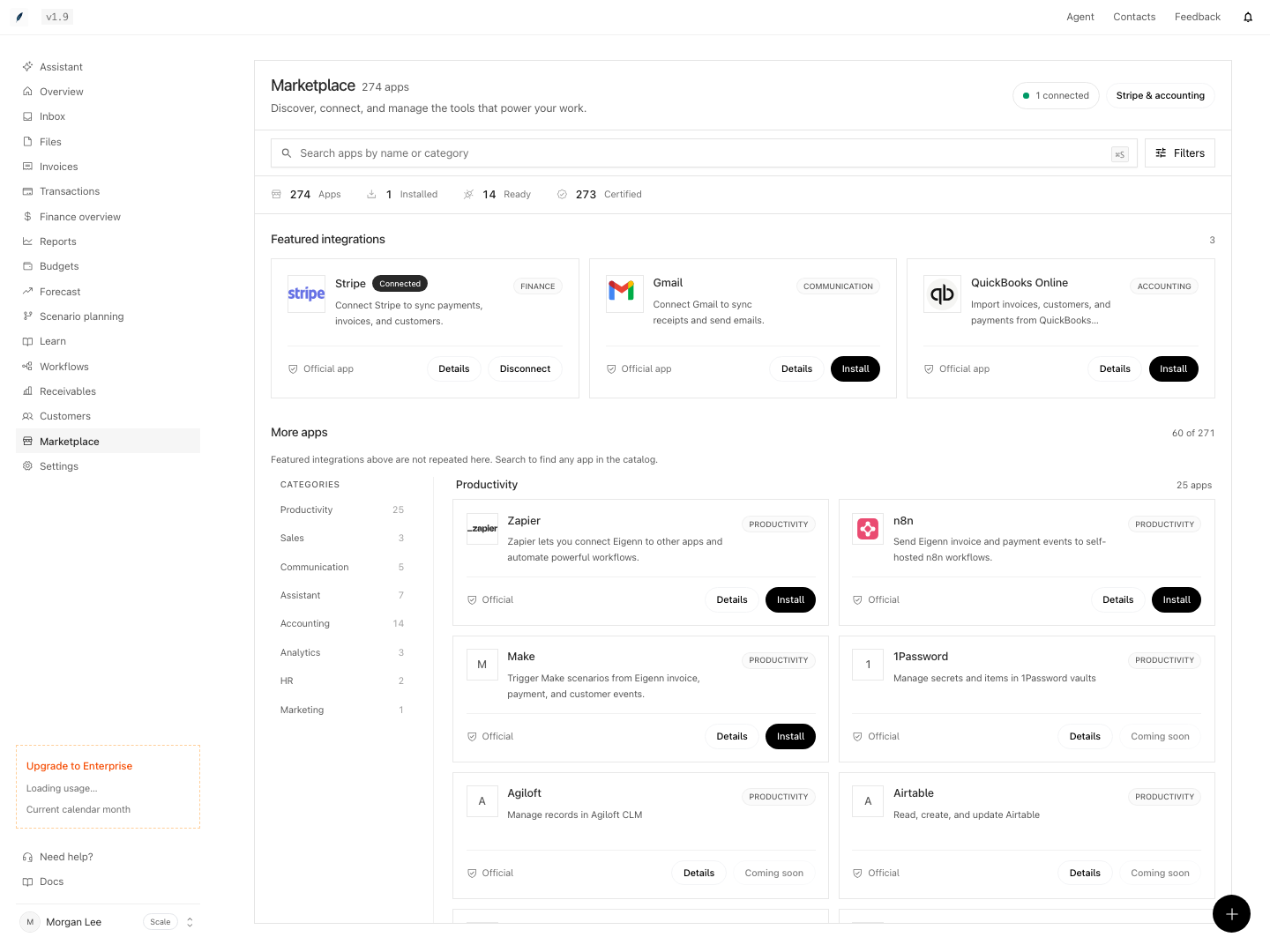 The Marketplace page. The Stripe card under Featured integrations shows the Connected badge and a Disconnect button.