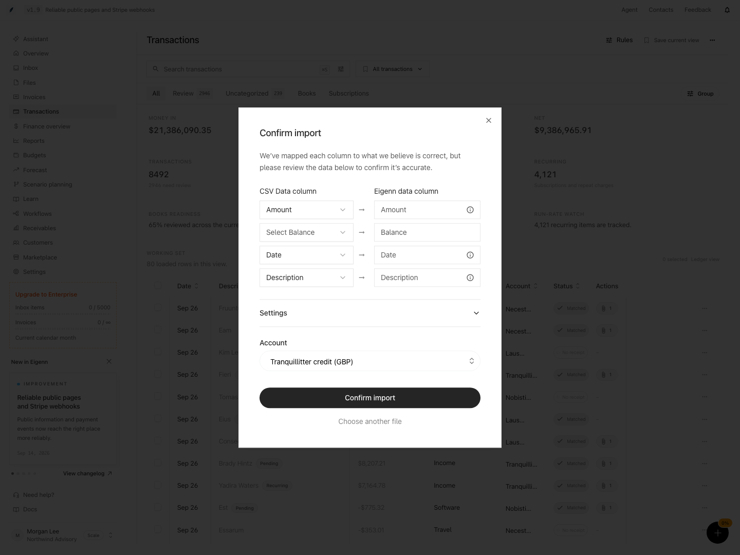 CSV confirmation with Amount, Date, and Description mapped to source columns and an existing account selected