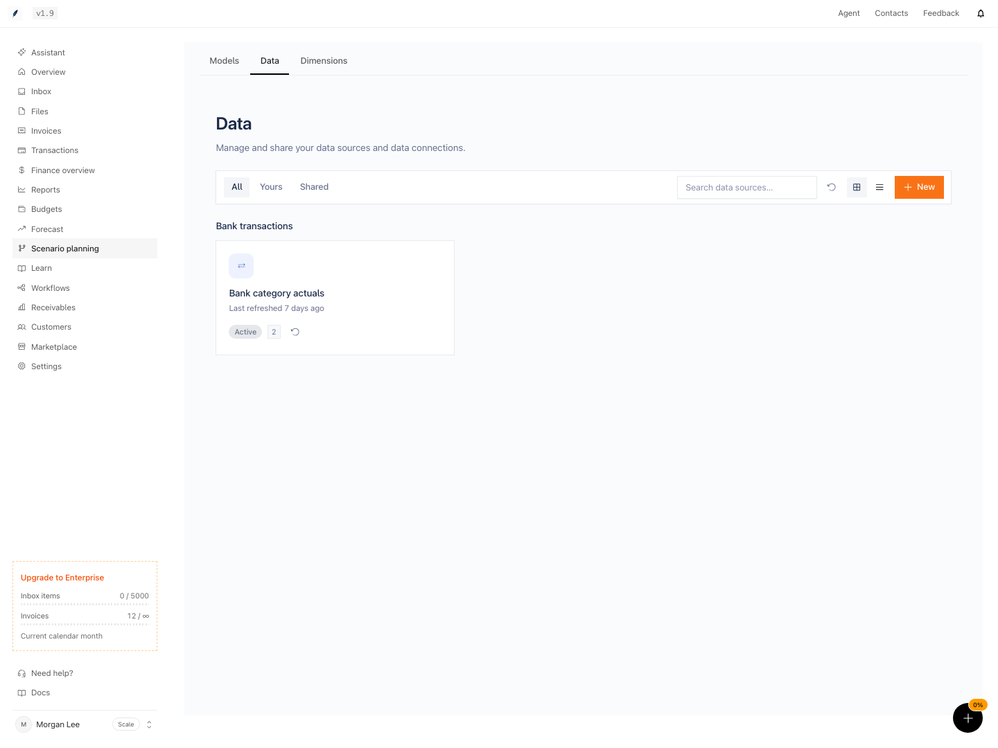 The Data page with the All, Yours, and Shared tabs. One active source, Bank category actuals, appears under Bank transactions. The New button is at the right of the toolbar.