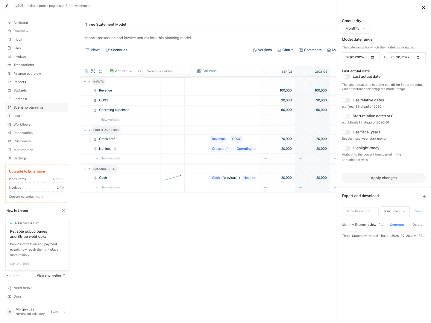 Model settings panel with the Export and download section open, a saved export named Monthly finance review, and one generated CSV file below it.