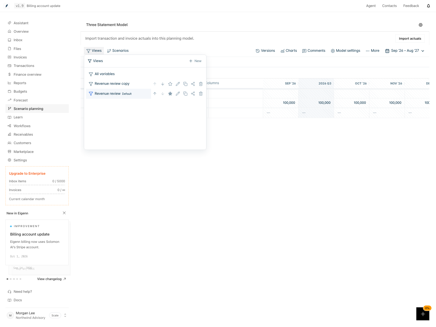 The Views menu of a model with All variables, a Revenue review copy, and the Revenue review view marked as the default. Each saved view has move, default, edit, duplicate, share, and delete controls.