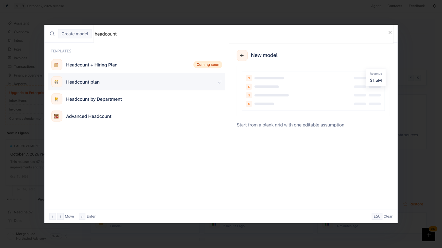 The Create model window with headcount in the search box. Templates lists Headcount + Hiring Plan marked Coming soon, then Headcount plan, Headcount by Department, and Advanced Headcount.