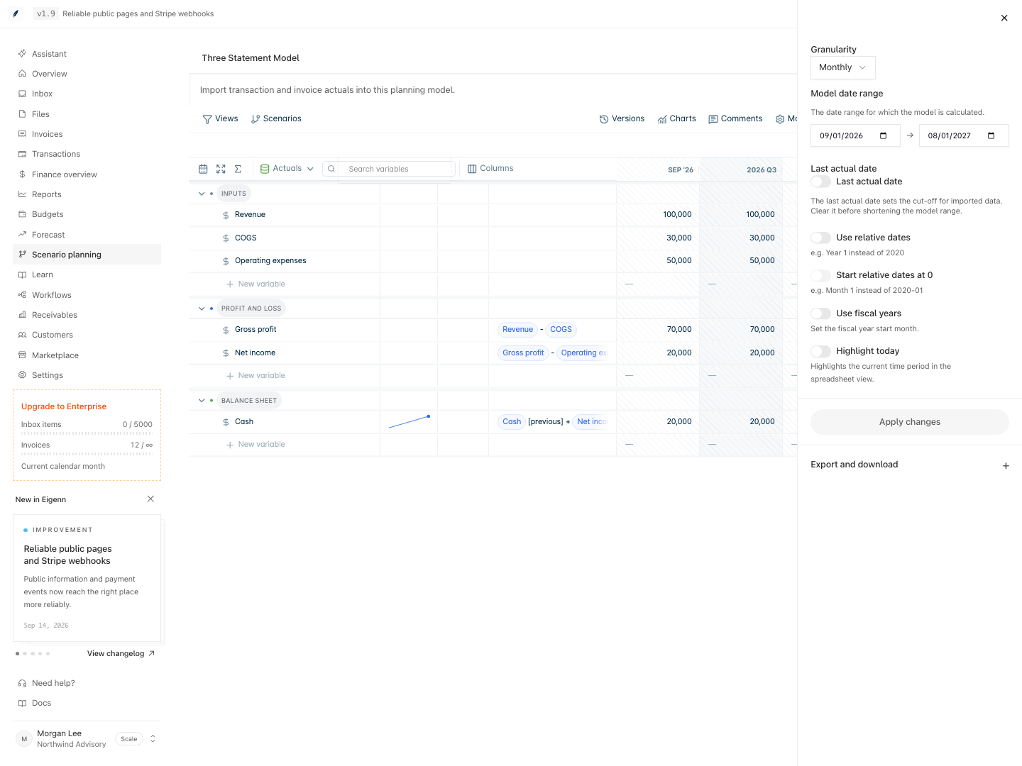 The Model settings panel for the Three Statement Model. Granularity is Monthly. The model date range is 09/01/2026 to 08/01/2027. The Last actual date toggle is off. Use relative dates, Start relative dates at 0, Use fiscal years, and Highlight today are off. The Apply changes button is below the toggles.