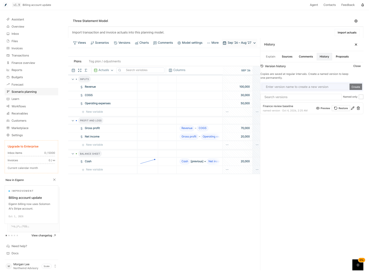 Version history in the History tab with the named version Finance review baseline and its Preview, Restore, rename, and delete actions.