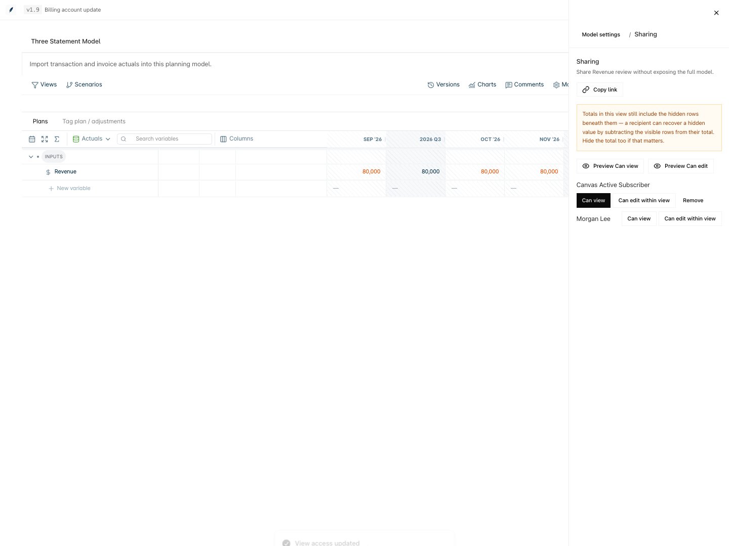 An owner shares the Revenue review view with an active teammate and can preview either access level.