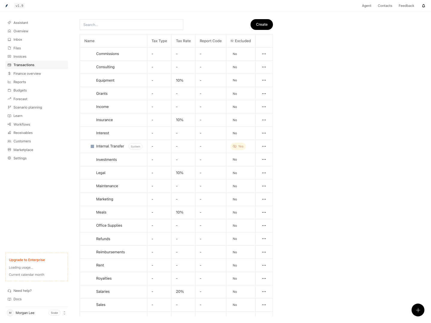 The Transactions Categories table with Name, Tax Type, Tax Rate, Report Code, and Excluded columns. Internal Transfer has a System badge and shows Excluded as Yes.