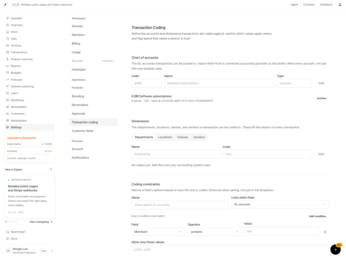 Transaction coding settings with a chart of accounts, dimensions, and coding constraints.