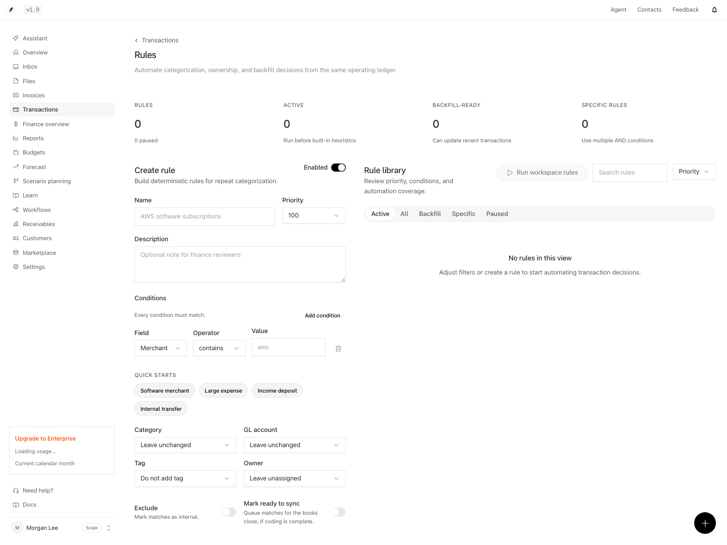 Transaction rule editor with conditions and actions.