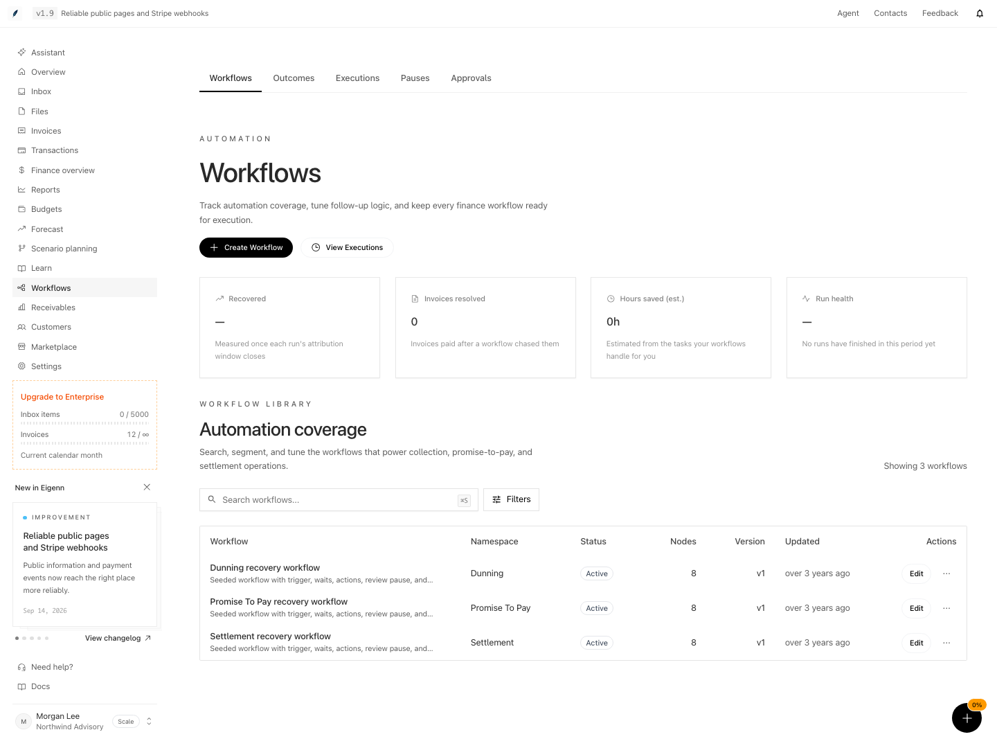 Workflow library showing seeded collection workflows and their status.